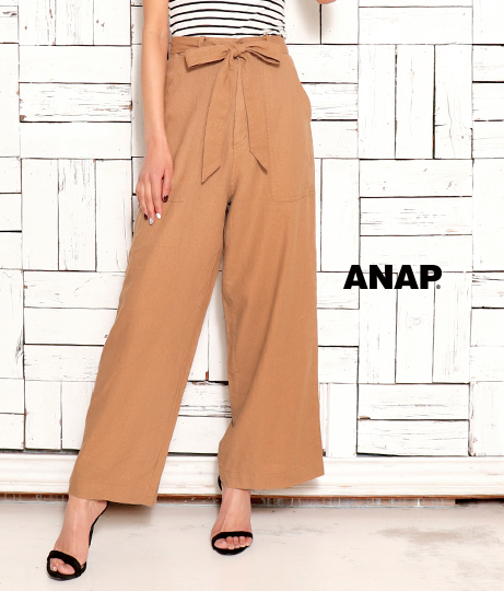 リボンベルト麻レーヨンワイドパンツ ロングパンツ Anap リボン