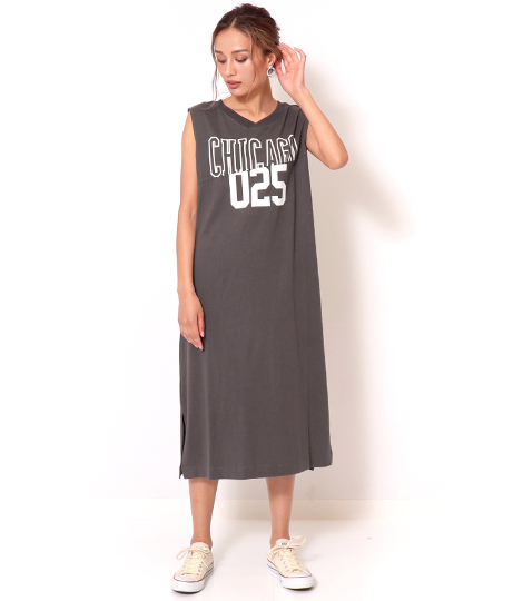 リメイク風ロゴプリントワンピース ロングワンピ Alluge リメイク風ロゴプリントワンピース ロングワンピ