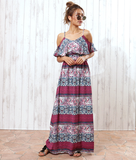 ペイズリー柄オフショルキャミワンピース ロングワンピ マキシ丈