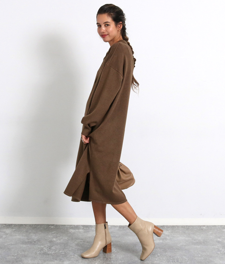 シャツライクニットワンピース ロングワンピ ミディアムワンピ