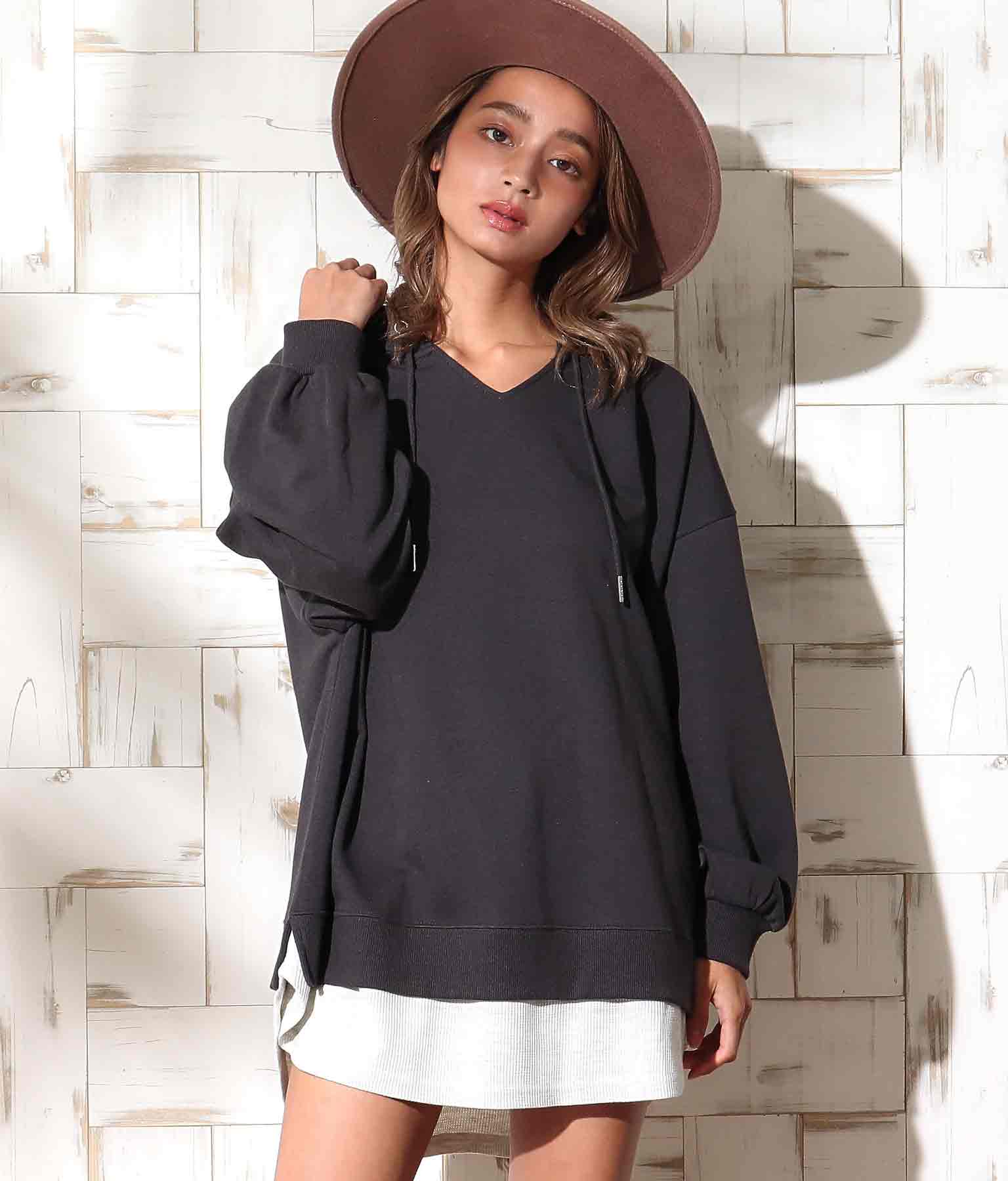 anap mimpi フェイクレイヤードキーネックフーディトップス