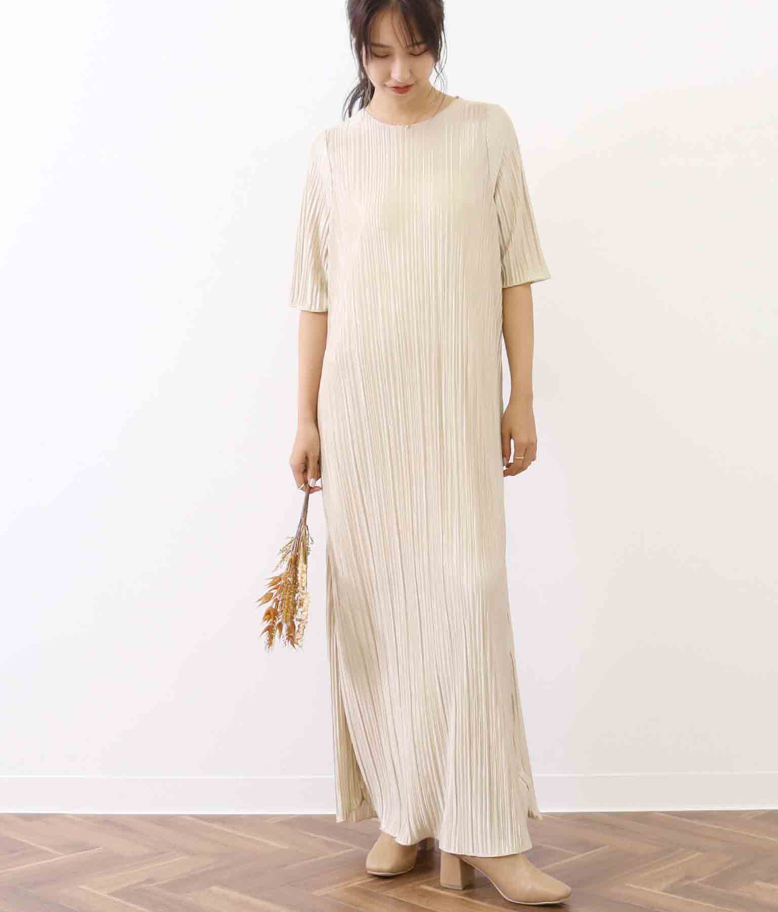 ランダムプリーツ7分袖ロングワンピース ワンピース ドレス ロングワンピ Chille レディースファッション通販anapオンライン