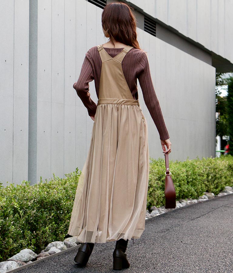 レザー×チュールデザインジャンパースカート