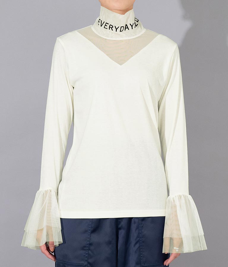 EimeeLaw フロッキーロゴ ハイネック フリルスリーブトップス(トップス
